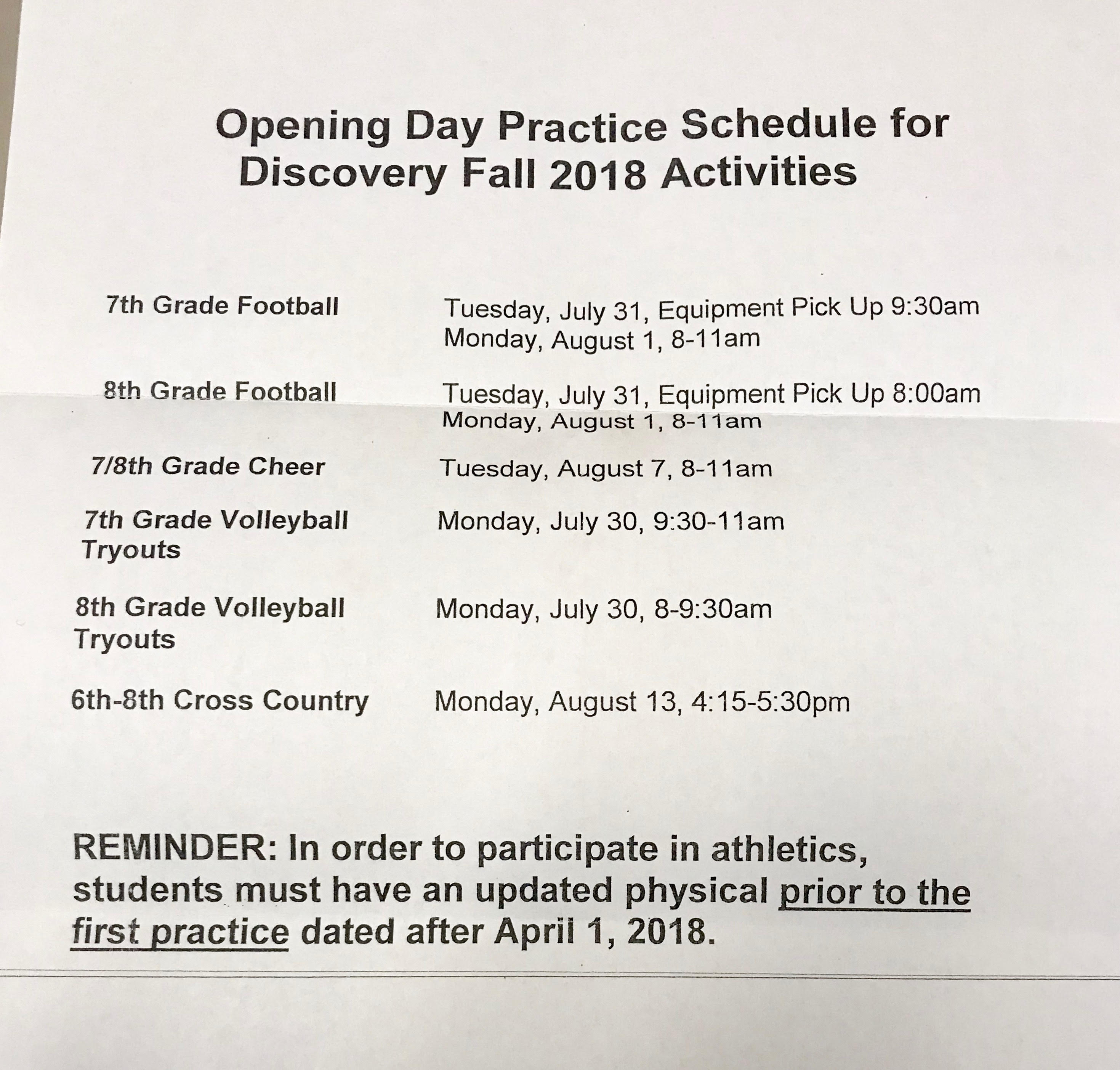 Opening Day Practice Schedule for DMS Fall 2018