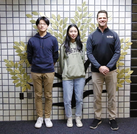 Zichu Wang, Allison Yu & Penn High School Principal Sean Galiher