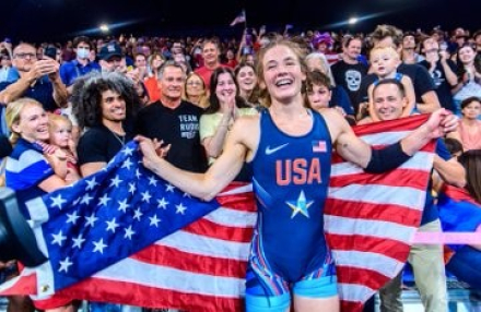 Sarah Hildebrandt with family and friends after winning her Gold Medal match (2024 Olympics)