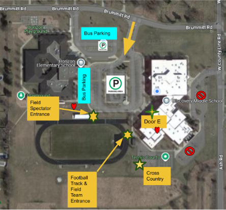 A map of a school campus with various locations marked, including a bus stop, field, stadium, and other facilities.